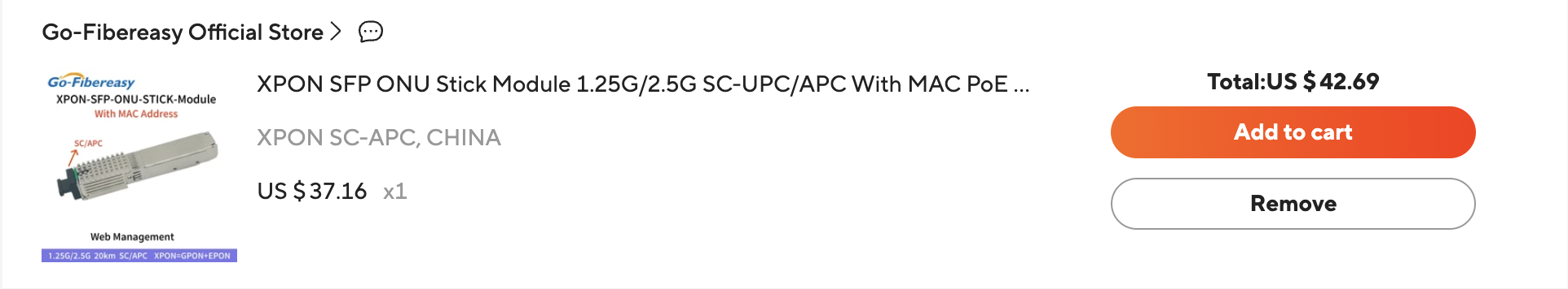 XPON SFP ONU Stick Module — ~$37 on AliExpress