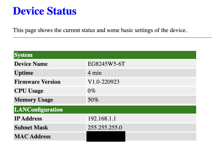 The SFP module's Device Status page