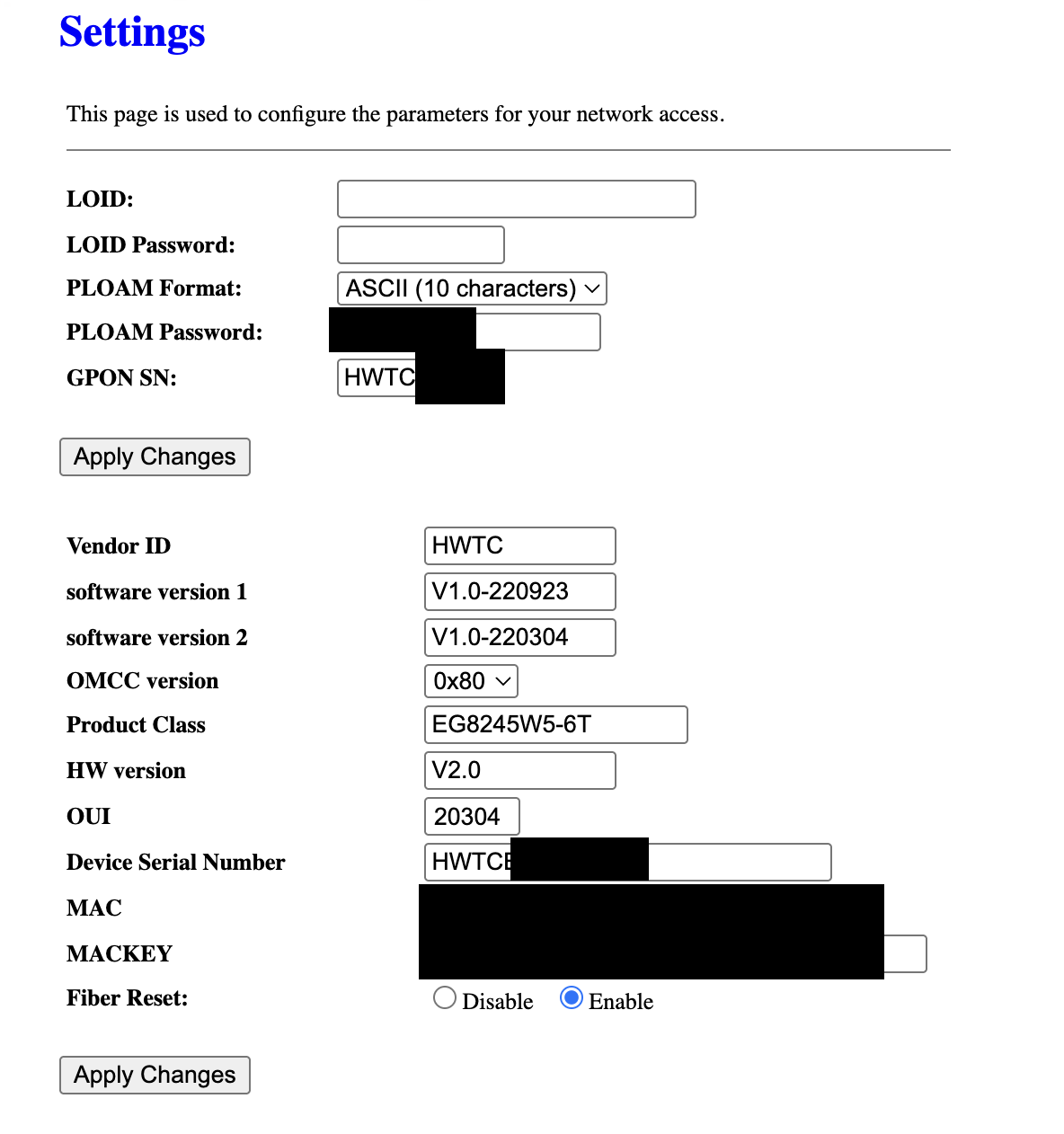 The SFP module's Settings page